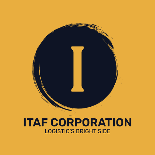 Logo with a black circle and a gold letter I in the center, yellow background, and text reading 'ITAF CORPORATION' and 'LOGISTIC'S BRIGHT SIDE'.