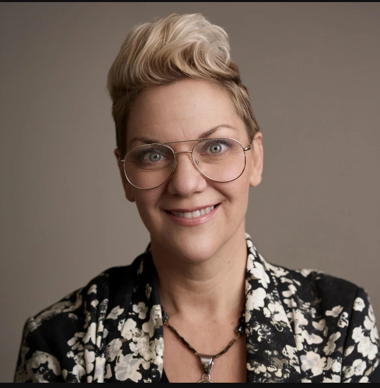Portrait of Suzan Jones with short blonde hair, glasses, smiling, wearing a black and white patterned jacket and a necklace.
