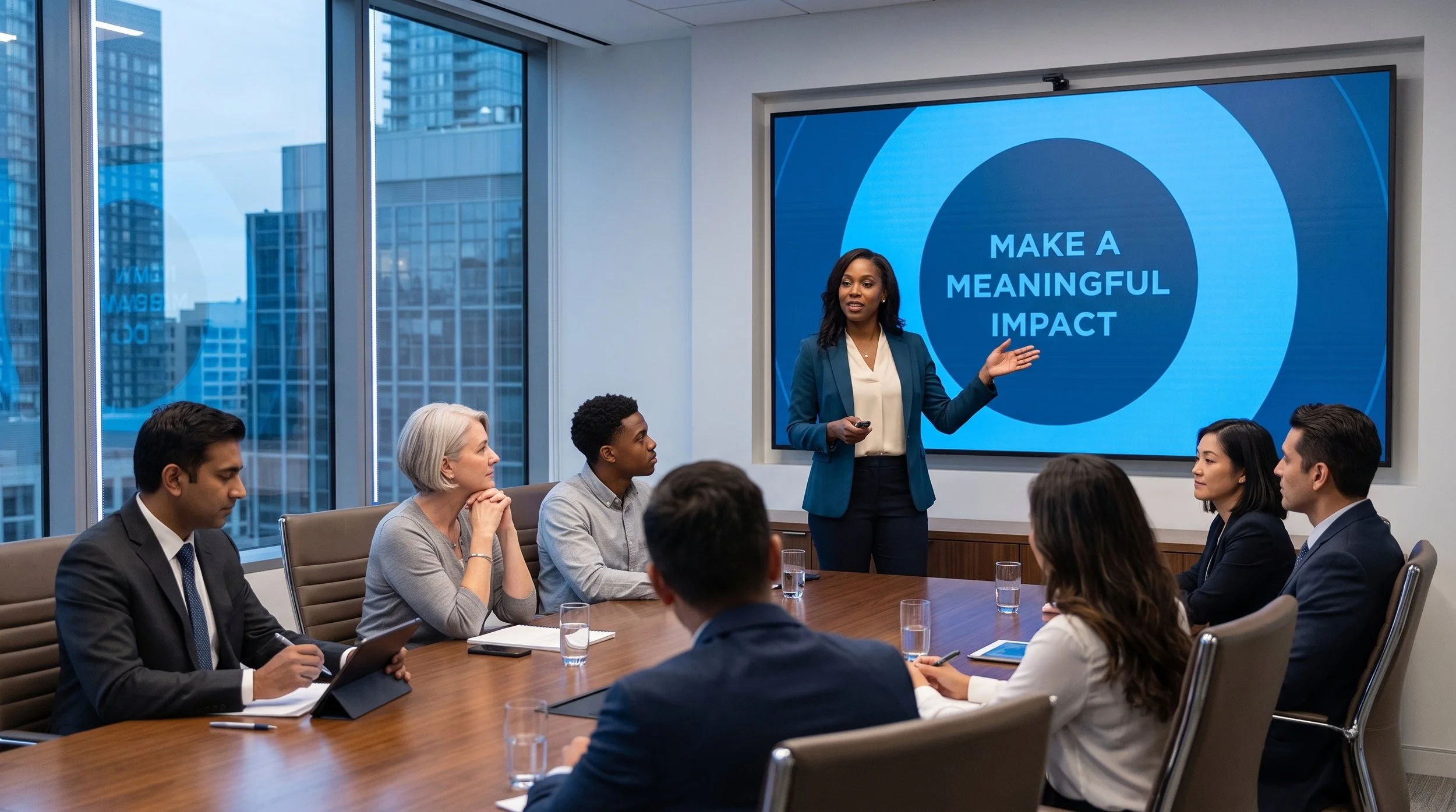 A diverse professional team attending a presentation in a modern conference room with floor-to-ceiling city windows. A woman in a teal blazer stands by a large digital display showcasing a slide that reads 'Make a Meaningful Impact'.
