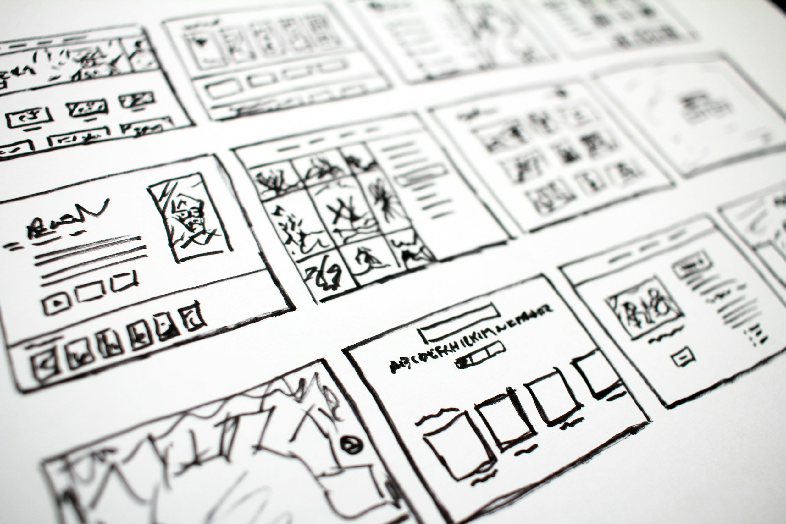 Black and white hand-drawn comic strip storyboard with various panels, characters, and text.