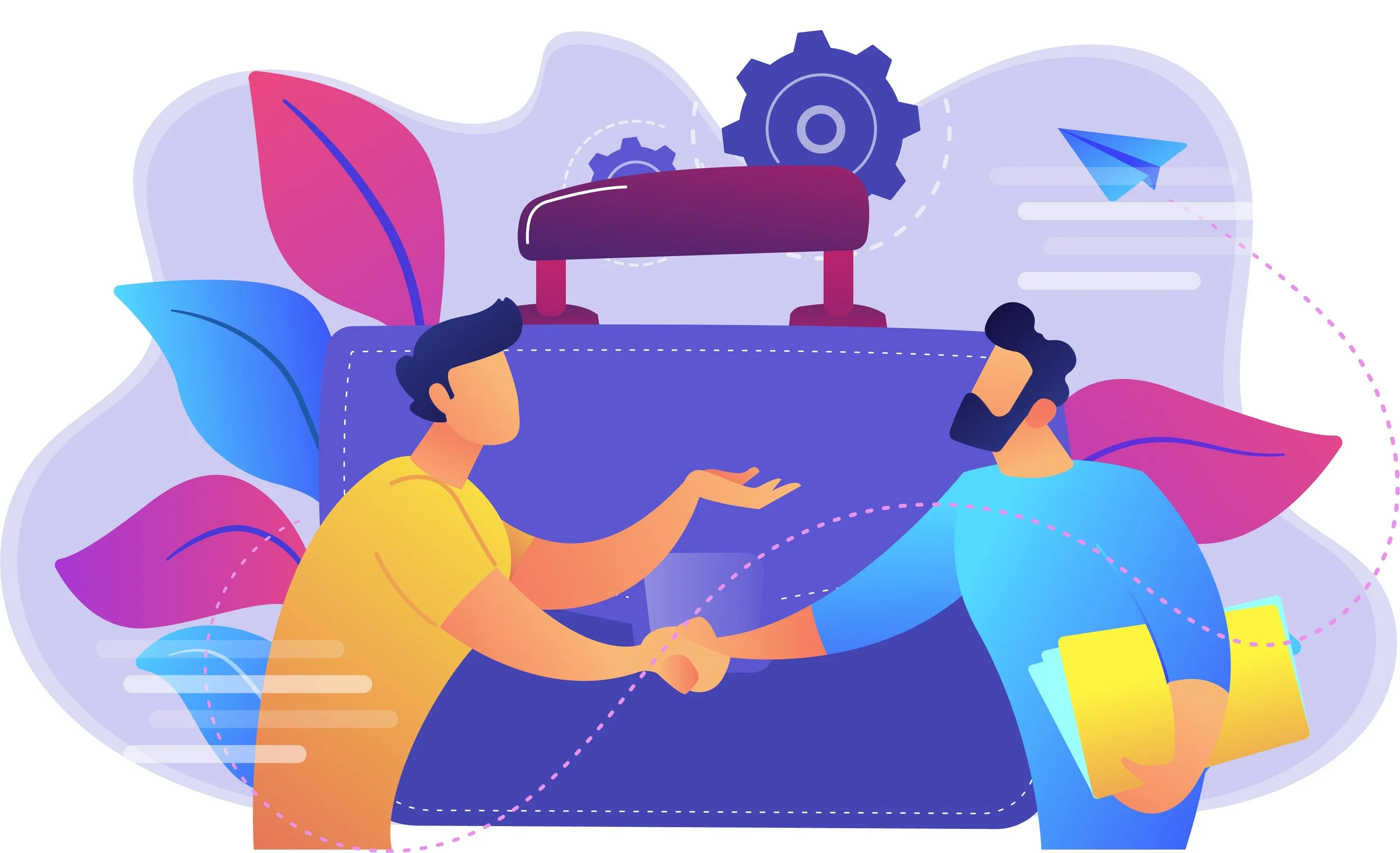 Two 2D-illustrated characters for explainer videos shake hands against a background featuring gears, leaves, a paper aeroplane, and abstract shapes, indicating collaboration or teamwork.