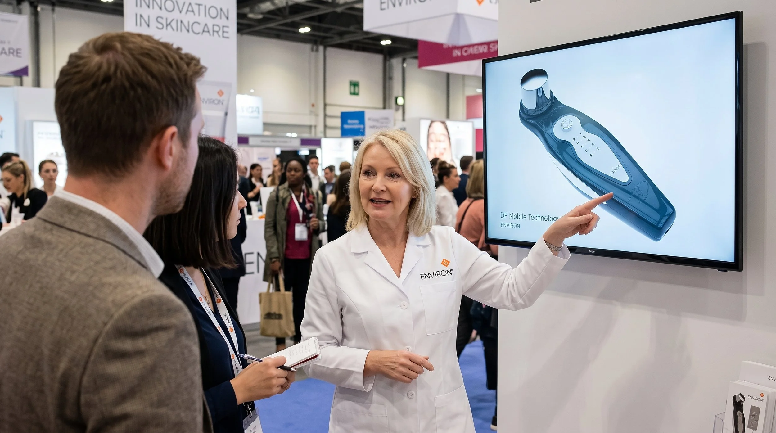 A blonde woman in a white lab coat points to a digital screen displaying a skincare product illustration at a busy trade show. Two attendees stand in the foreground listening attentively, with exhibition booths and event banners visible in the backgr