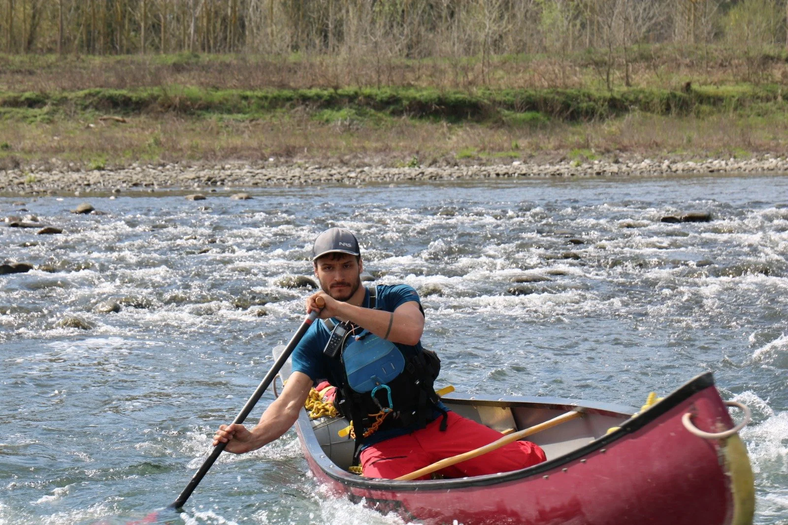 Man kayaking on a river with grassy and wooded bank in the background.