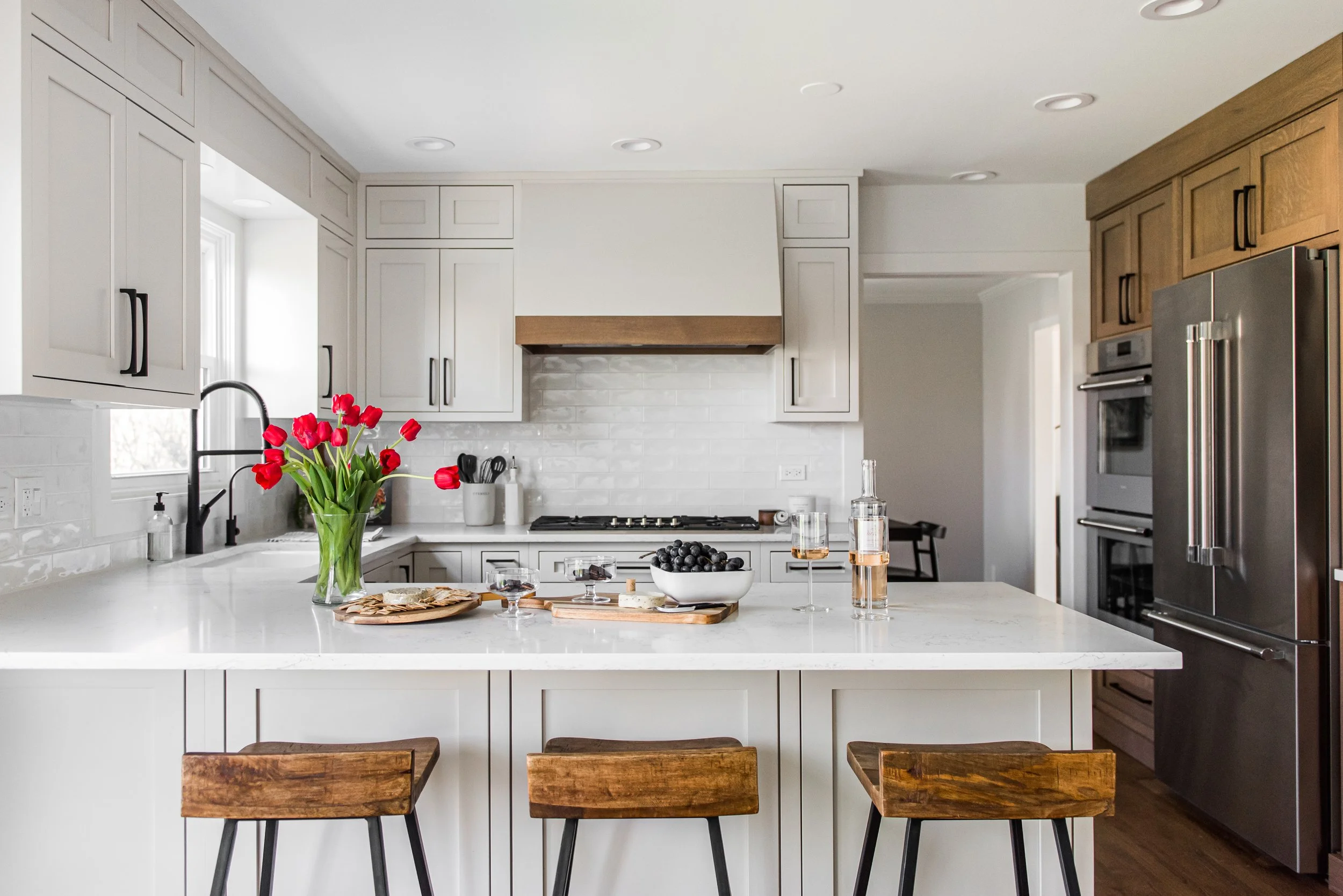 Aurora IL modern farmhouse kitchen off white and white oak custom  cabinets