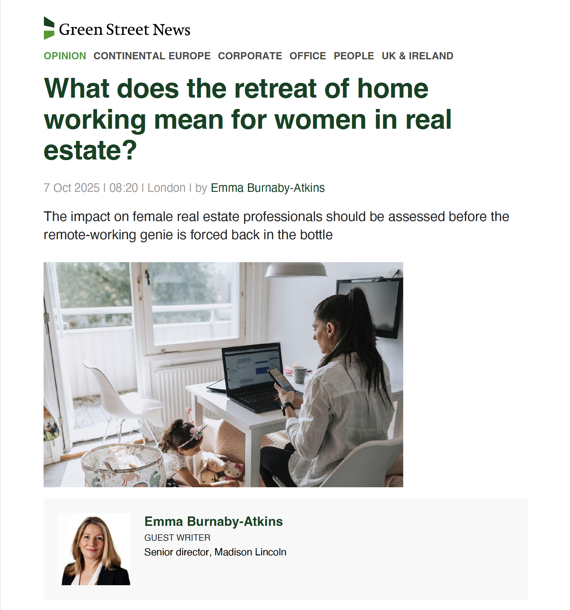 Emma Burnaby-Atkins in Green Street News: "What does the retreat of home working mean for women in real estate?"