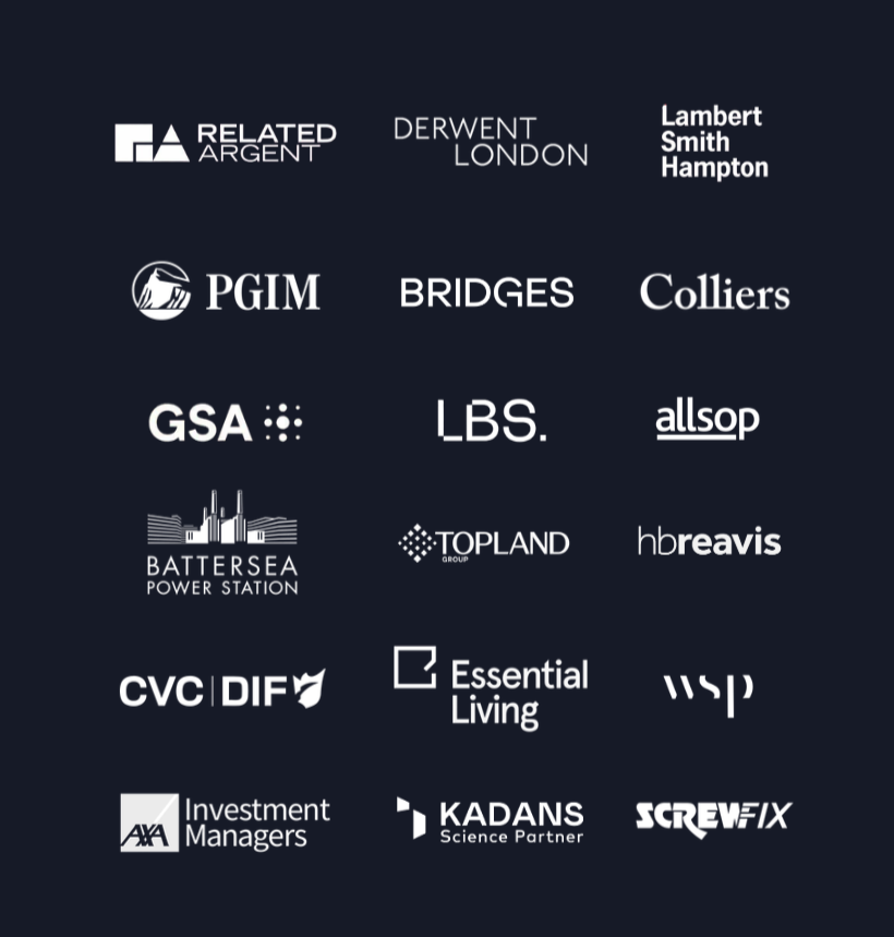 Collection of logos representing Madison Lincoln's clients from various companies and organisations in the real estate industry set on a dark background.