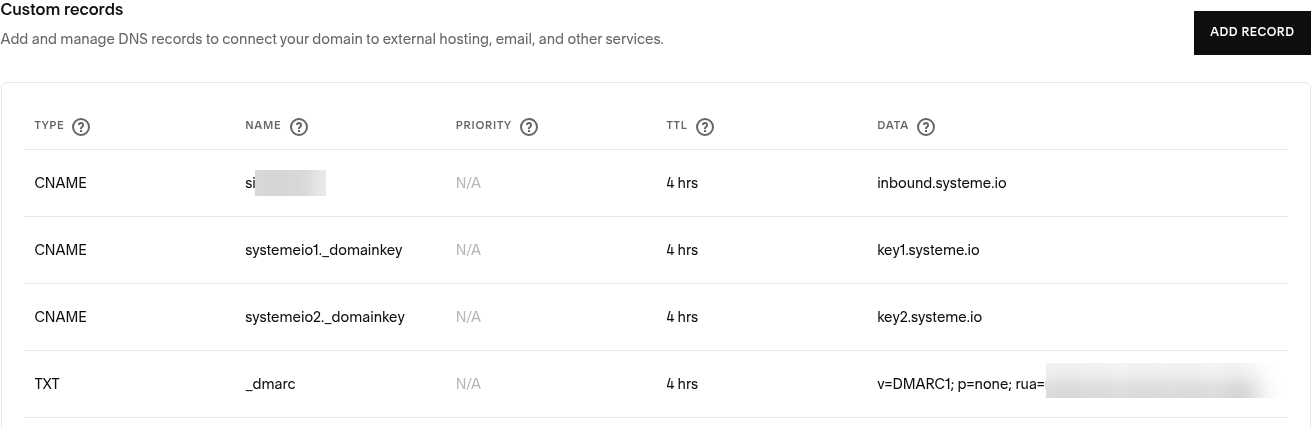 Squarespace Custom records table showing the three Systeme.io CNAME records and the _dmarc TXT record (account number and reporting email blurred)