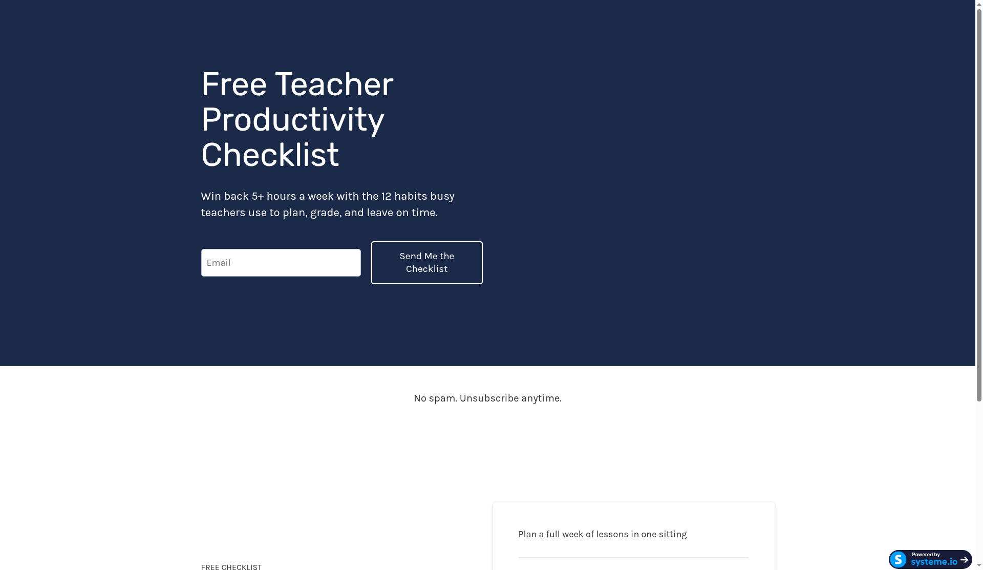 Our Free Teacher Productivity Checklist opt-in page, built and published on Systeme.io's free plan, with a navy background, email field, and Send Me the Checklist button