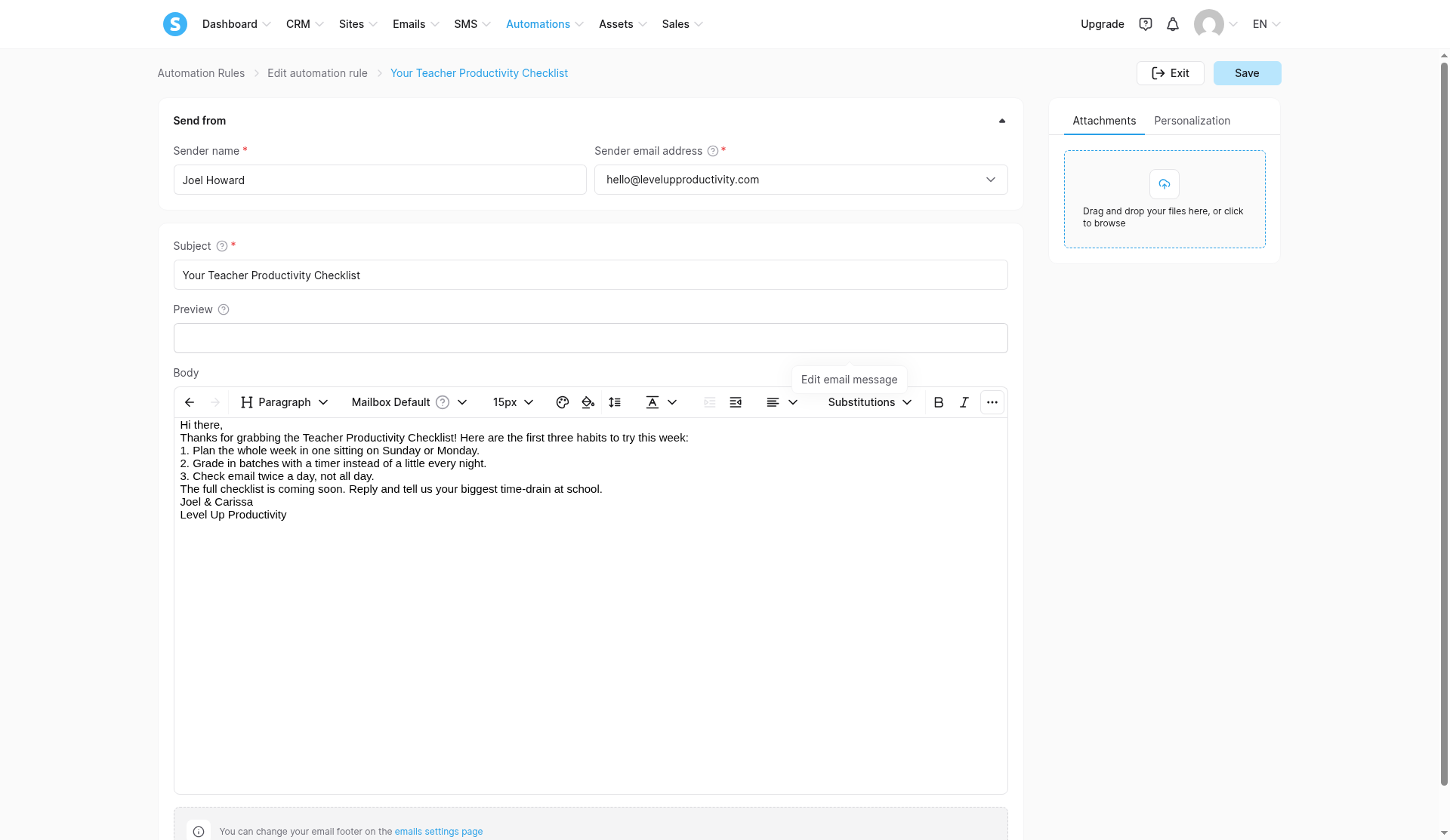 Systeme.io email editor for our welcome email, sent from Joel Howard at hello@levelupproductivity.com
