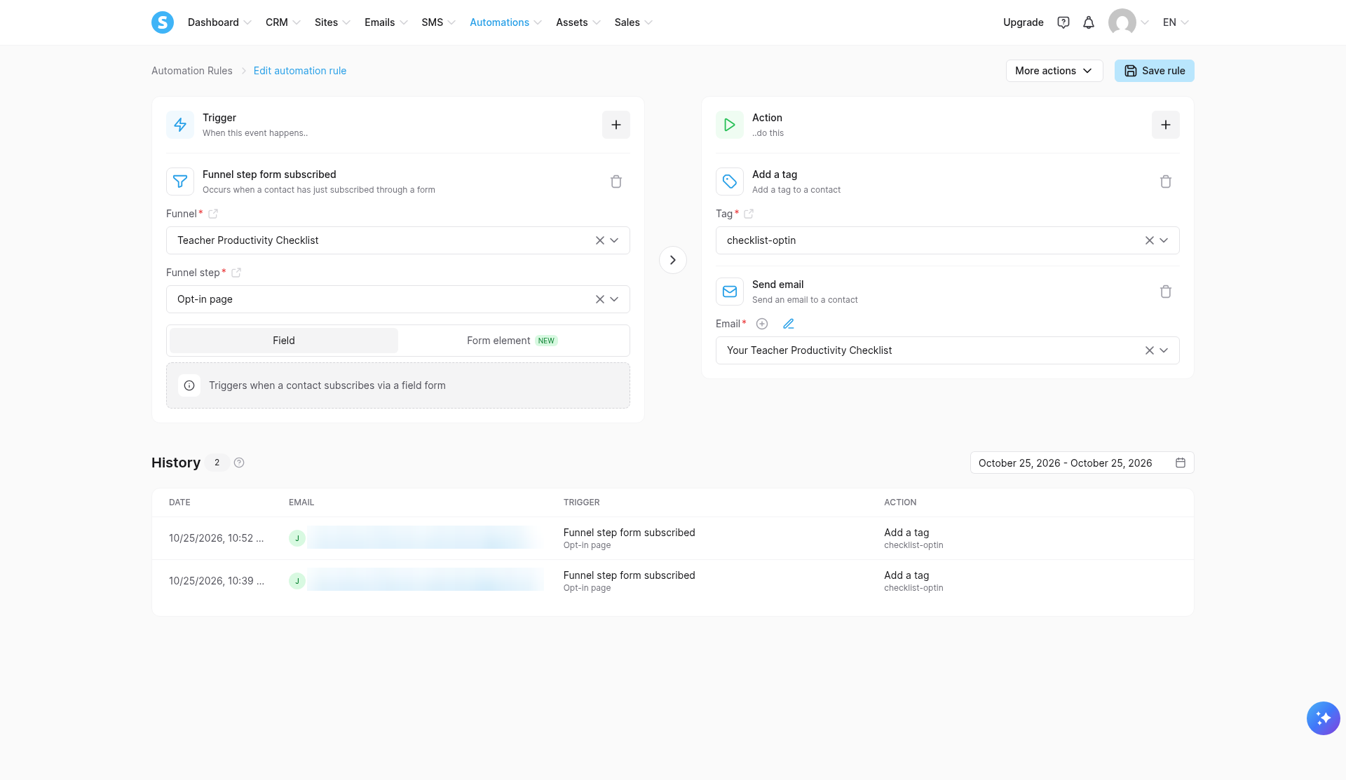 Systeme.io automation rule: when the opt-in form is submitted, add the checklist-optin tag and send the welcome email