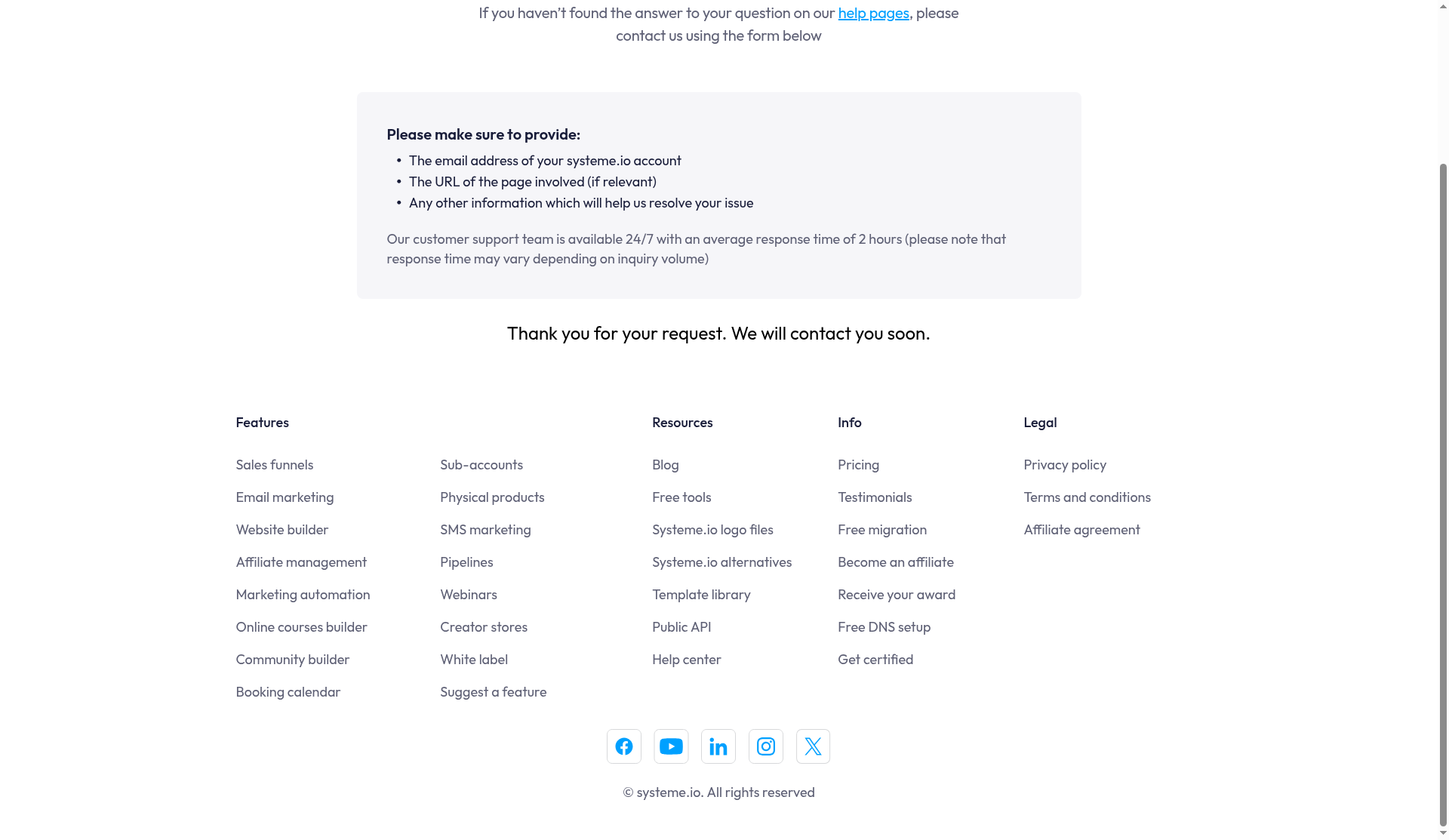 Systeme.io support contact page confirming our request, noting 24/7 support with an average response time of 2 hours