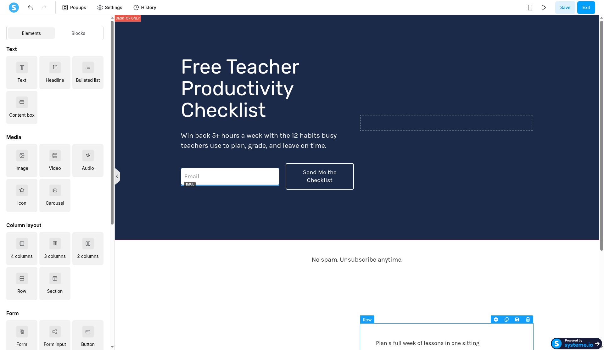 Systeme.io funnel editor open on our Free Teacher Productivity Checklist opt-in page, with the elements panel on the left