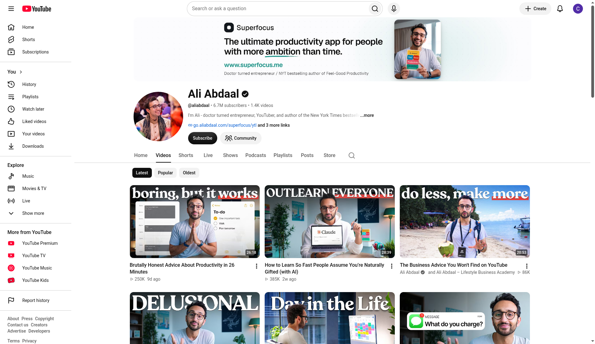 Ali Abdaal's YouTube channel page showing 6.7M subscribers, 1.4K videos, and recent view counts