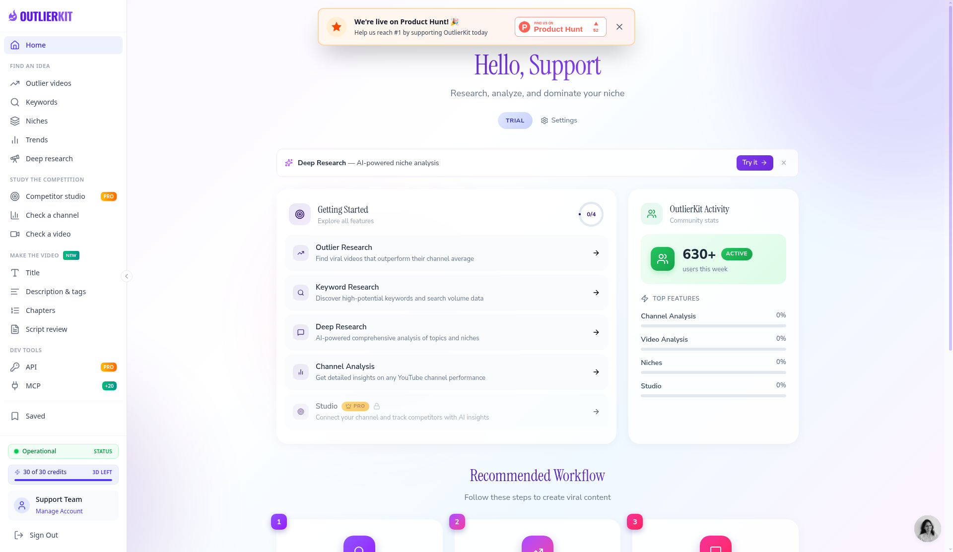 OutlierKit dashboard after sign-up, showing the TRIAL label and 30 of 30 credits with 3 days left