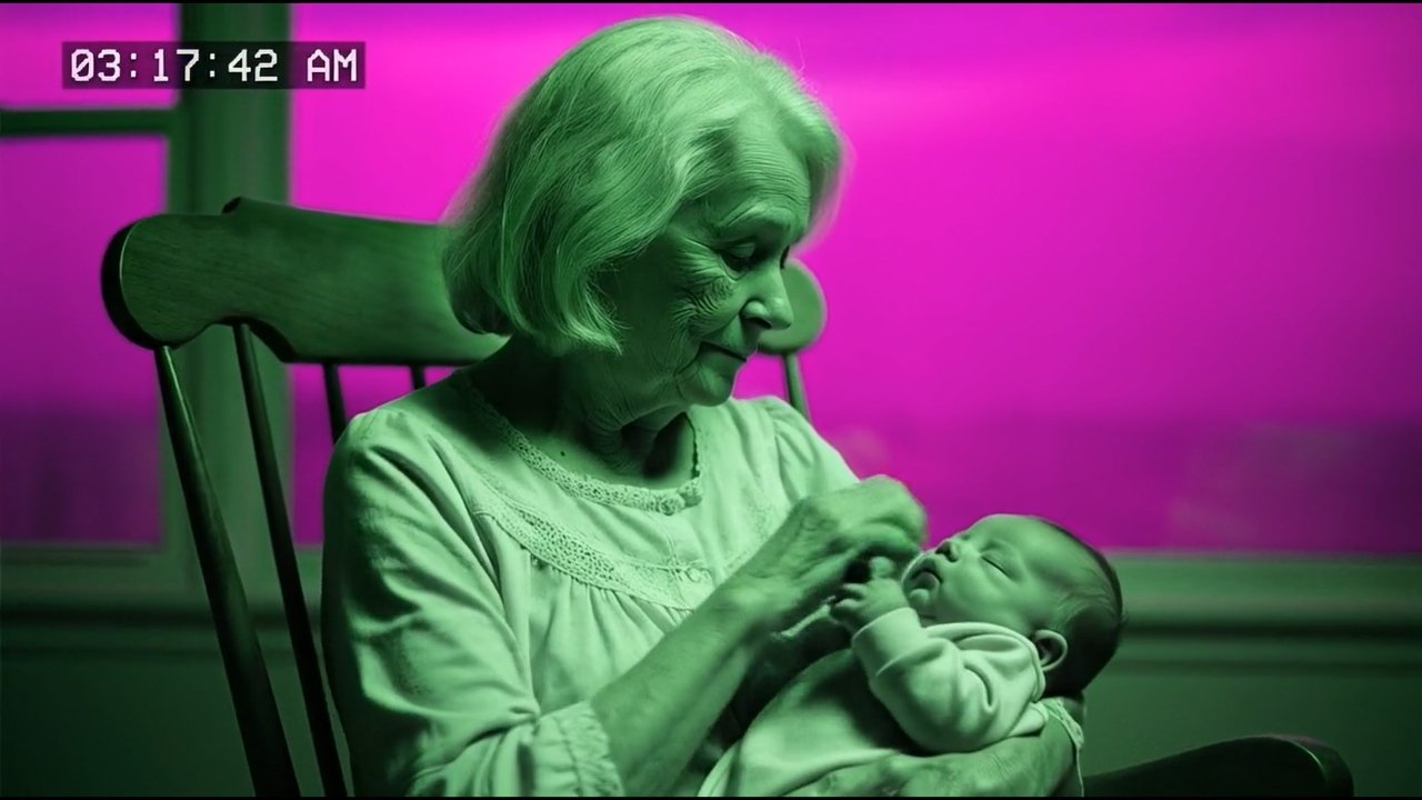 An elderly woman with white hair, wearing a light-colored top, sitting in a wooden chair, gently holding and looking at a sleeping newborn baby in her arms, against a pink background with a digital timestamp in the top left corner.