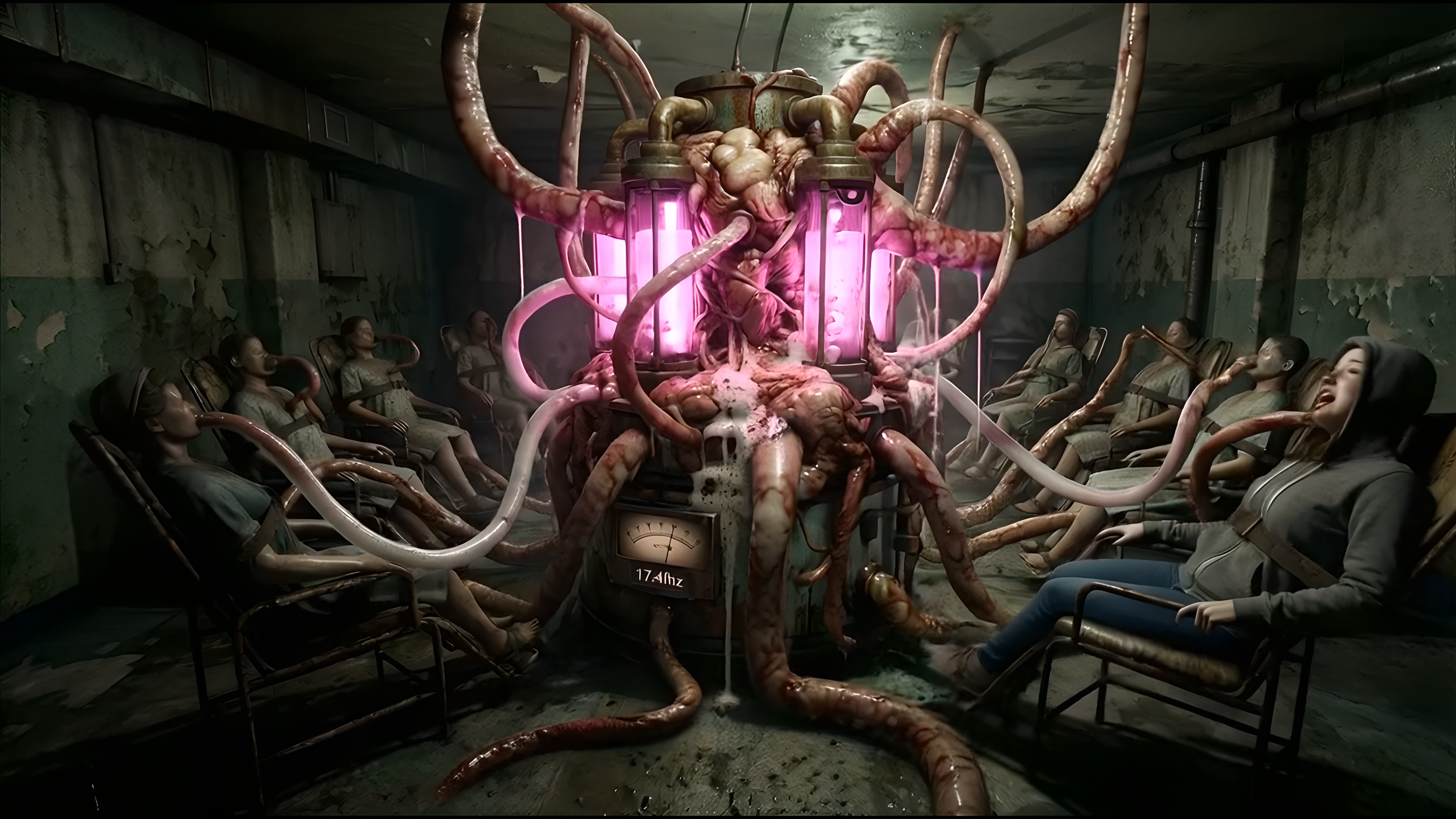 A disturbing scene resembling a post-apocalyptic or horror setting with mannequins seated in chairs around a central machine emitting purple light and tubes connected to various parts, with a damaged green wall in the background.