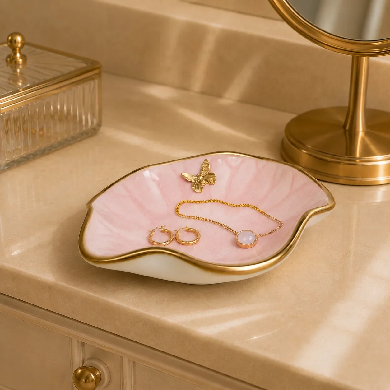 Pink butterfly jewelry dish styled on vanity