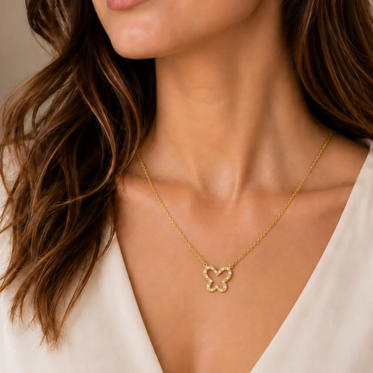 Citrine cut-out butterfly necklace worn