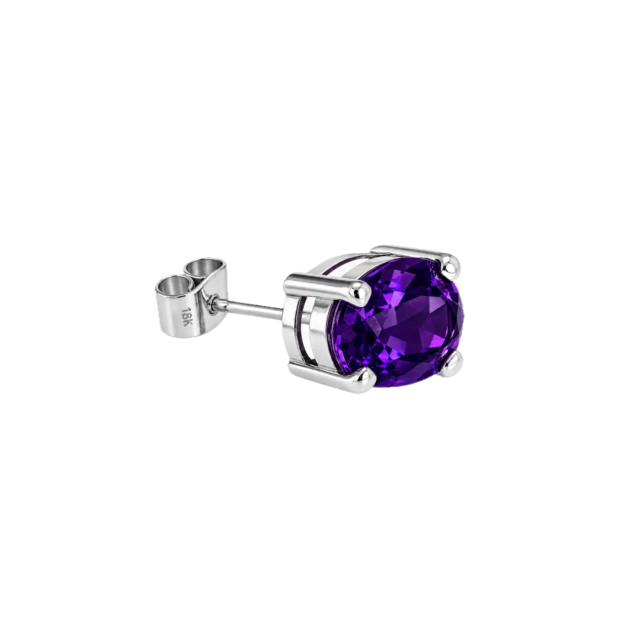 Amethyst oval stud earrings, close-up angle view