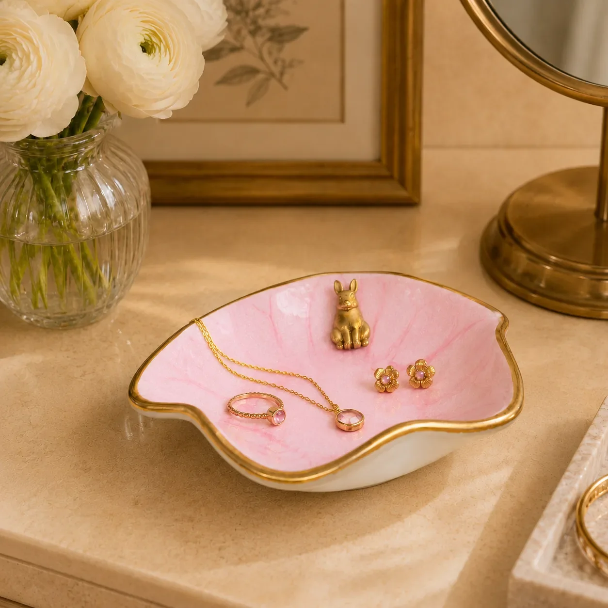 Pink bunny jewelry dish styled on vanity