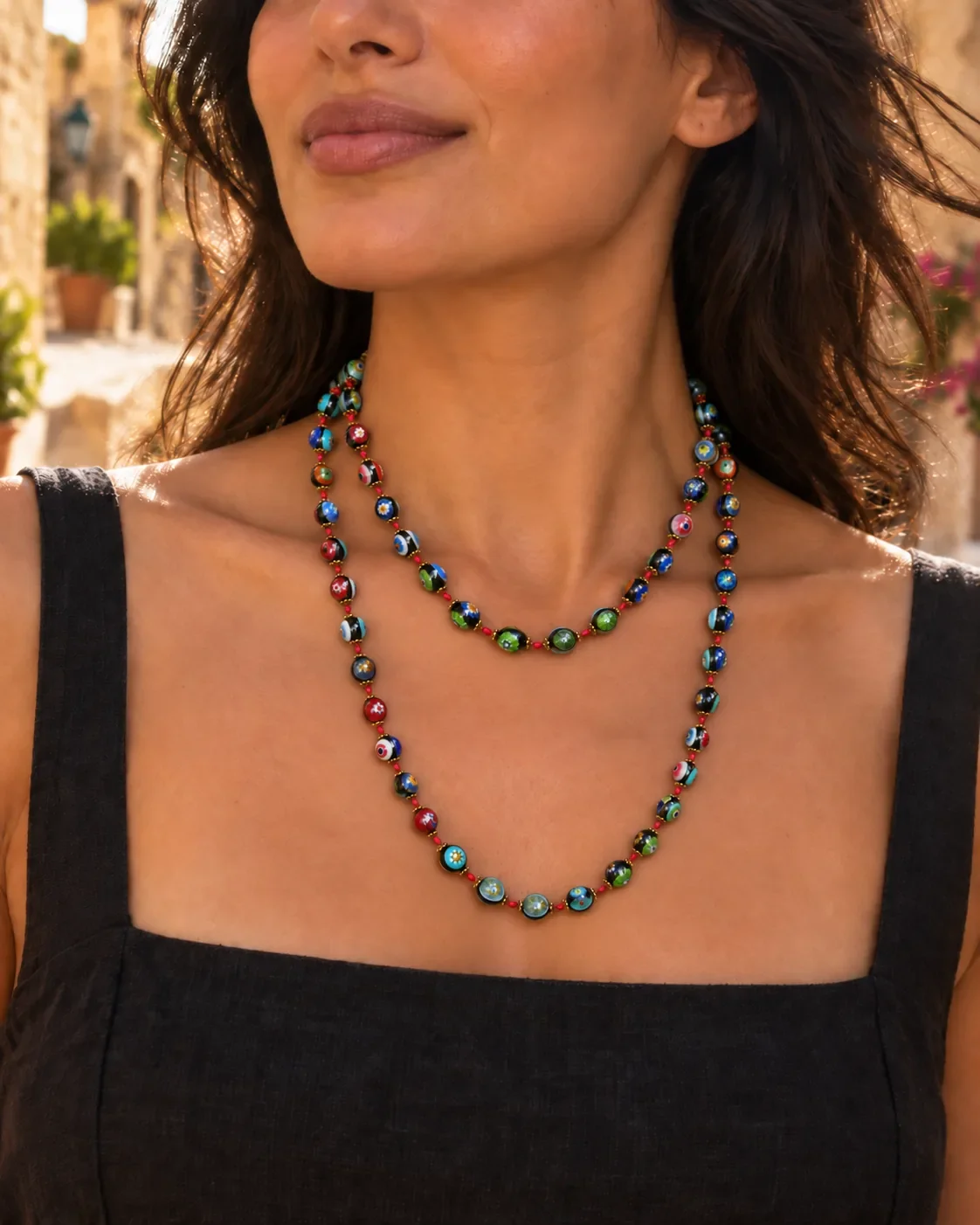 Millefiori glass bead necklace worn, doubled length