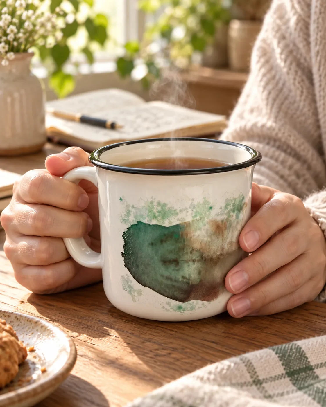 Hands holding watercolor feather mug, about to drink