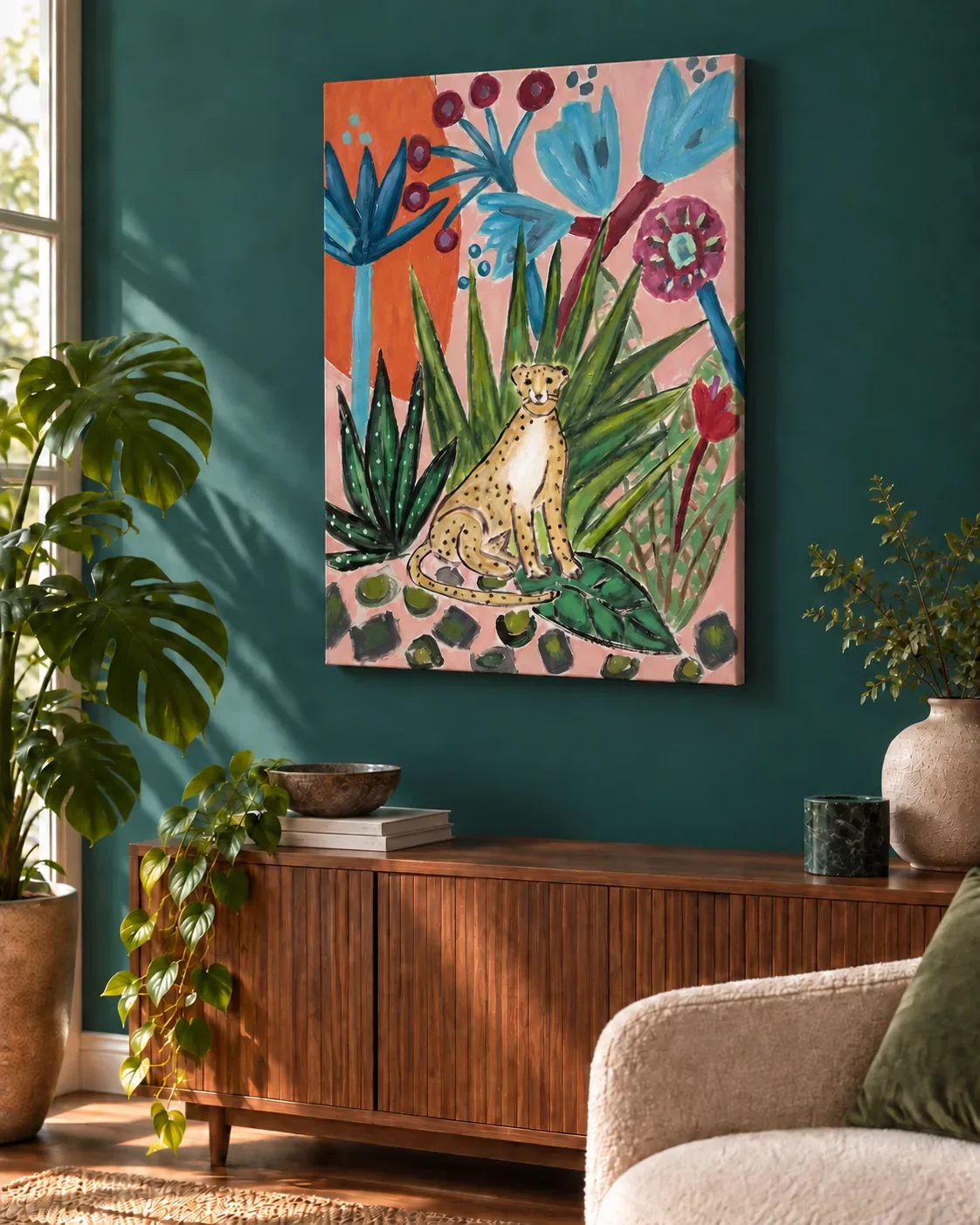 Jungle canvas leopard art styled on wall