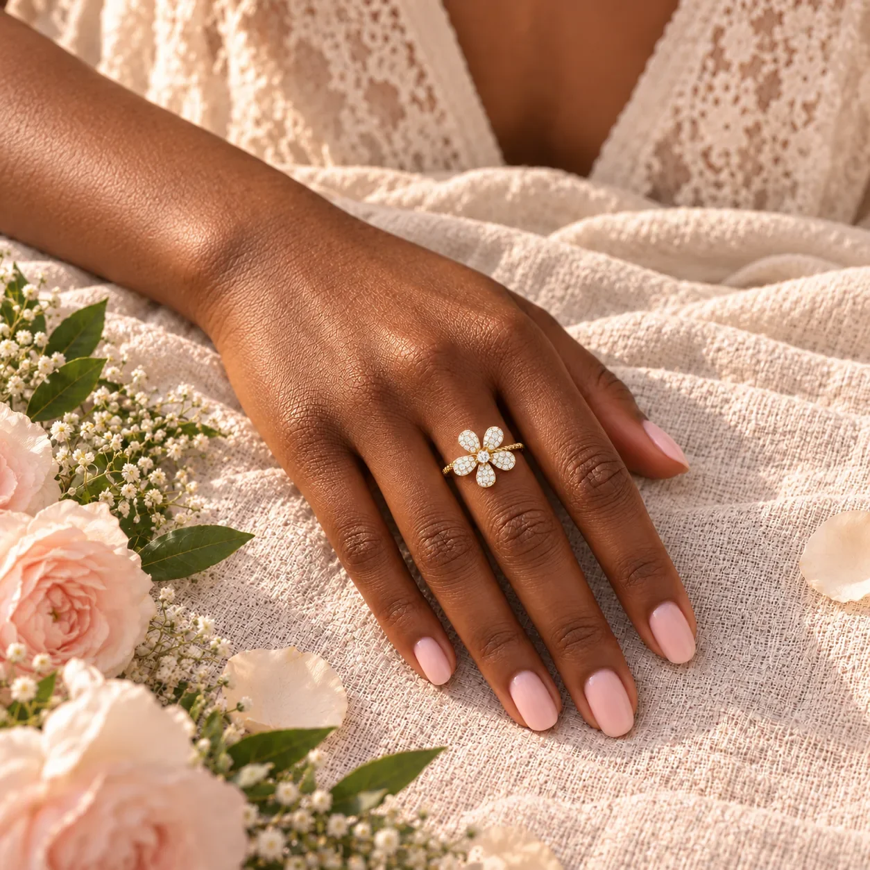 Hand wearing 18K yellow gold daisy diamond ring styled with fresh flowers