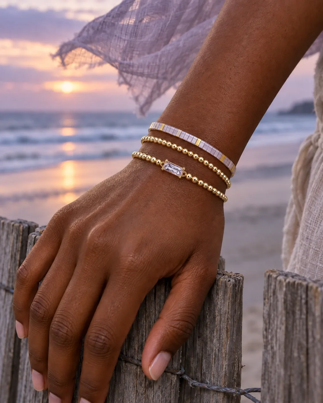 Lavender Bay Tila bead bracelet worn on wrist