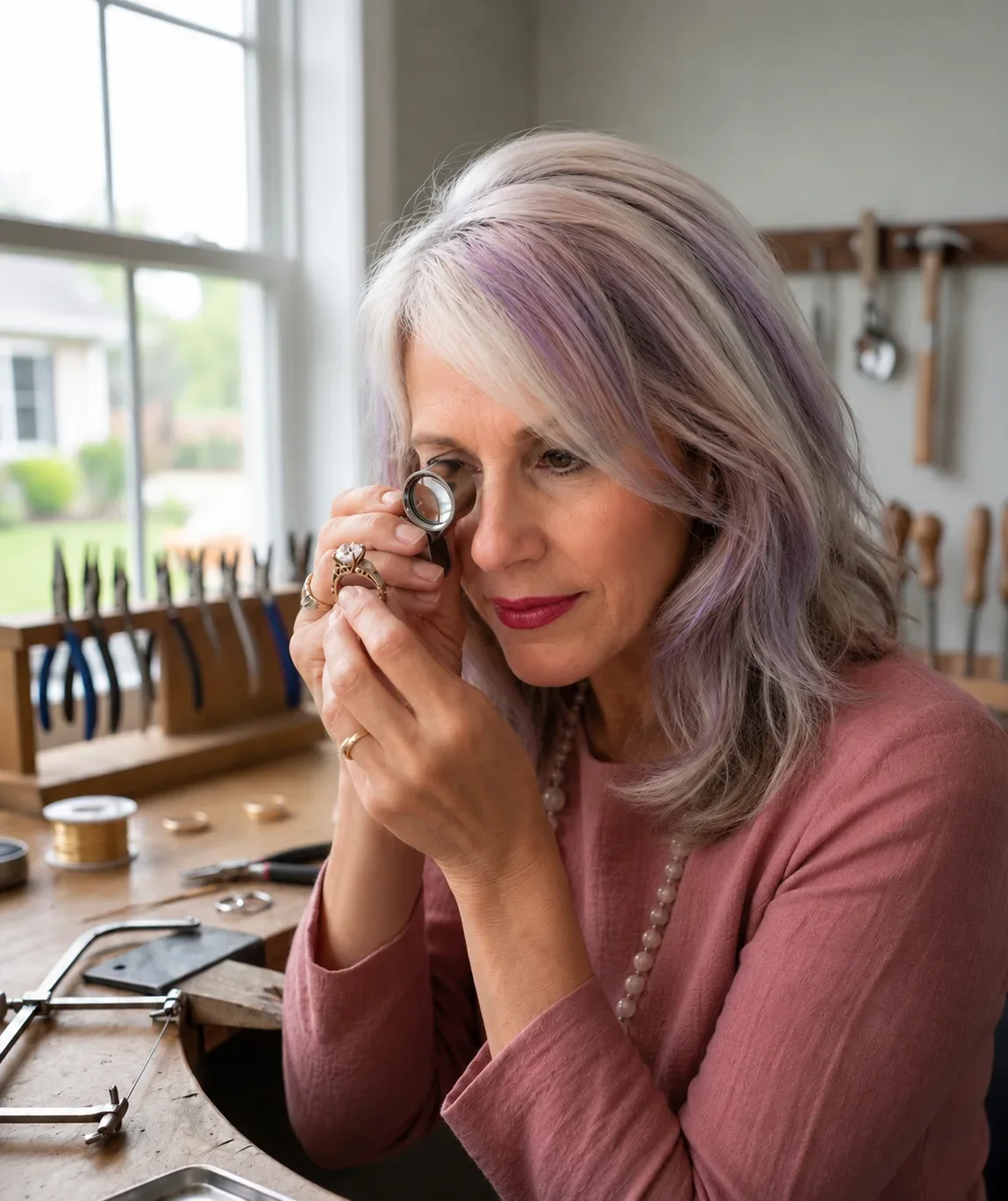 Cat, founder of Cat V. Atelier, examining a diamond ring with a loupe during a jewelry appraisal