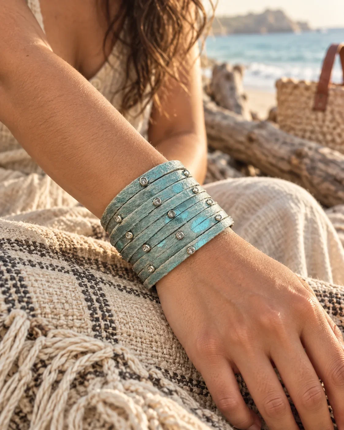 Aqua leather cuff bracelet worn on wrist