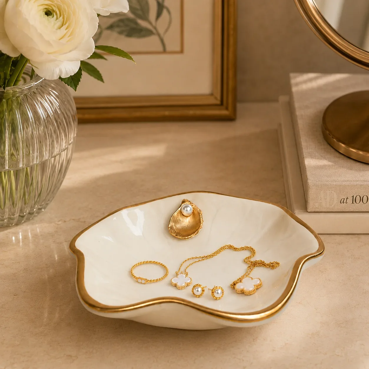 Ivory pearl jewelry dish styled on vanity