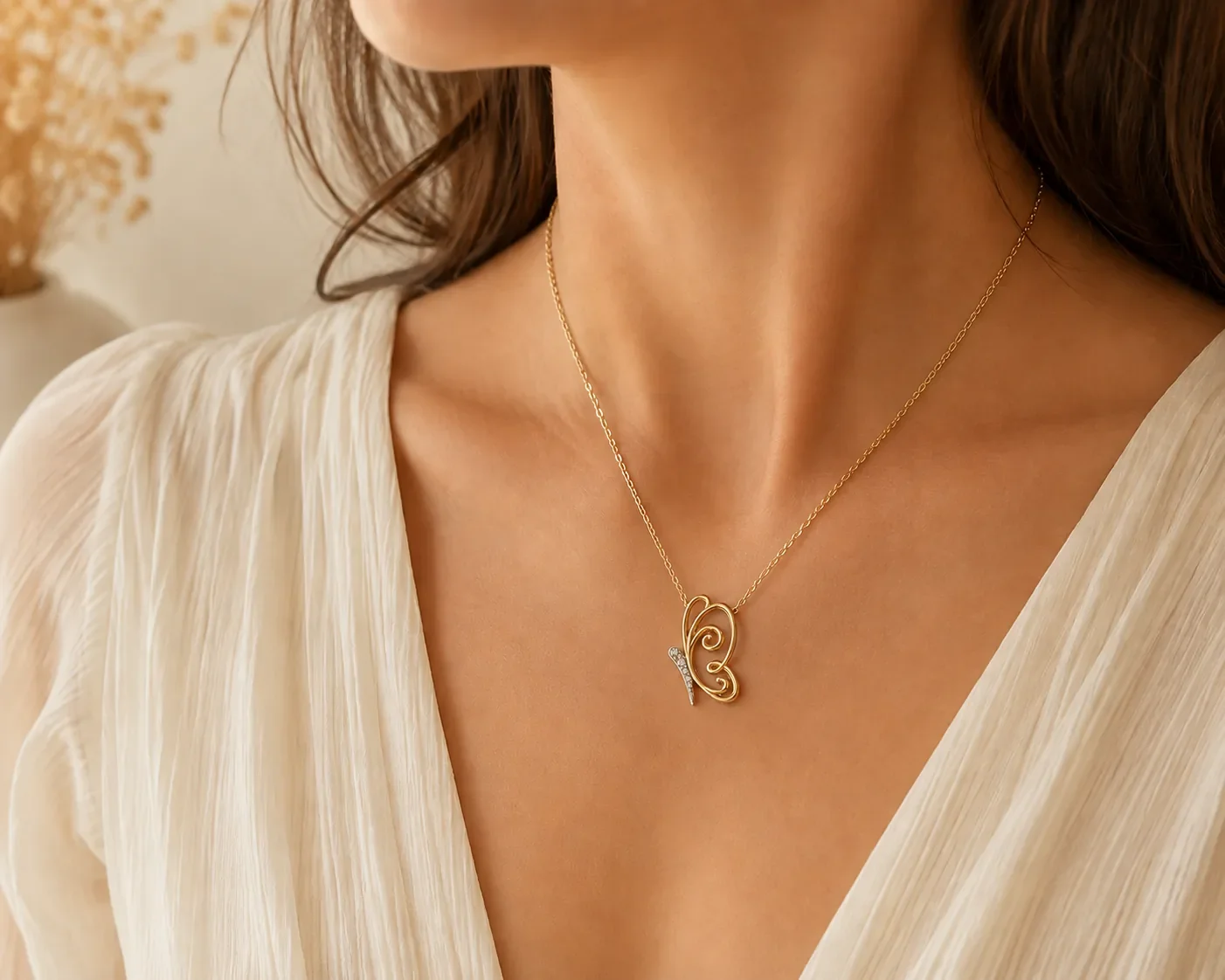 Butterfly Kiss diamond pendant necklace worn