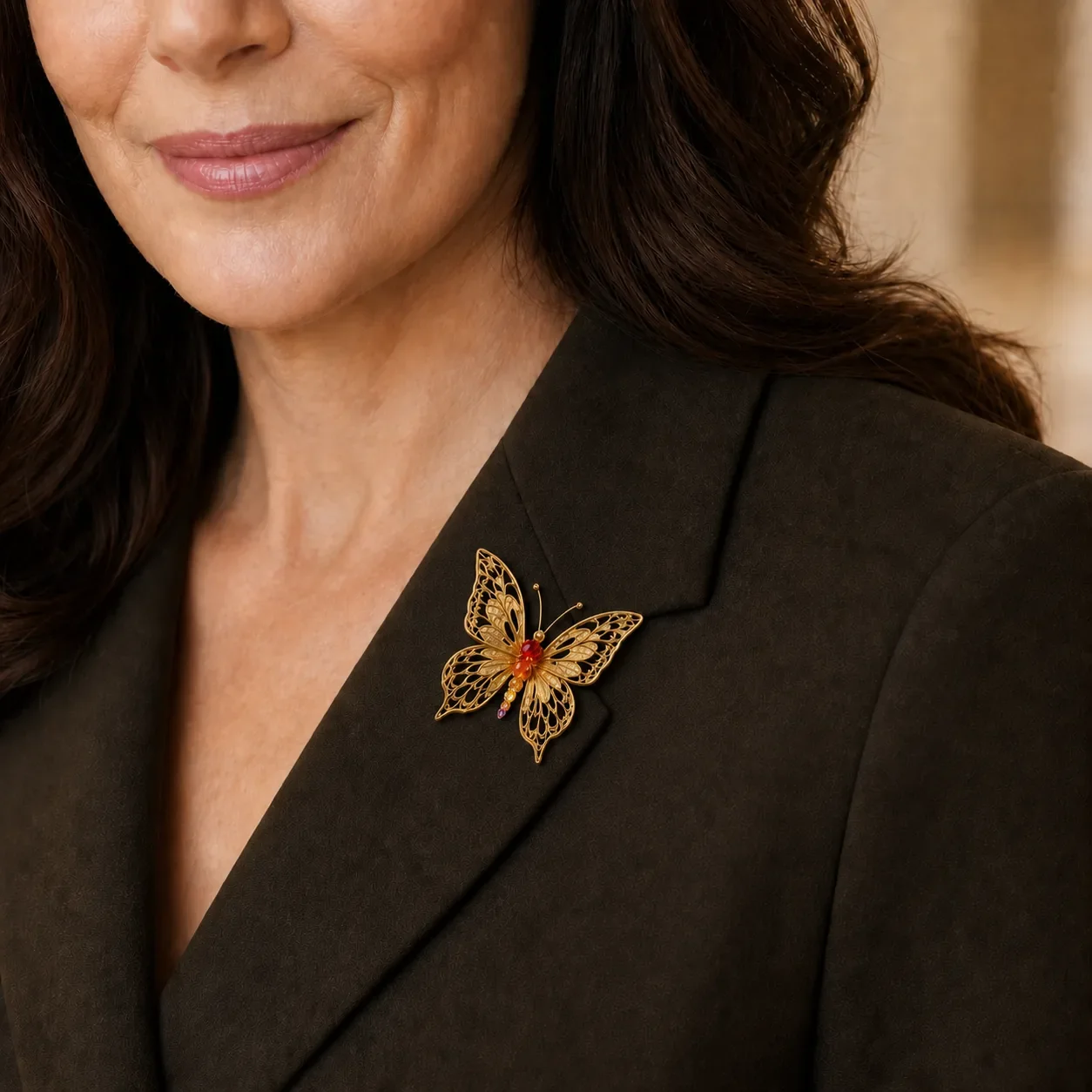 Sunset lace butterfly brooch worn on lapel