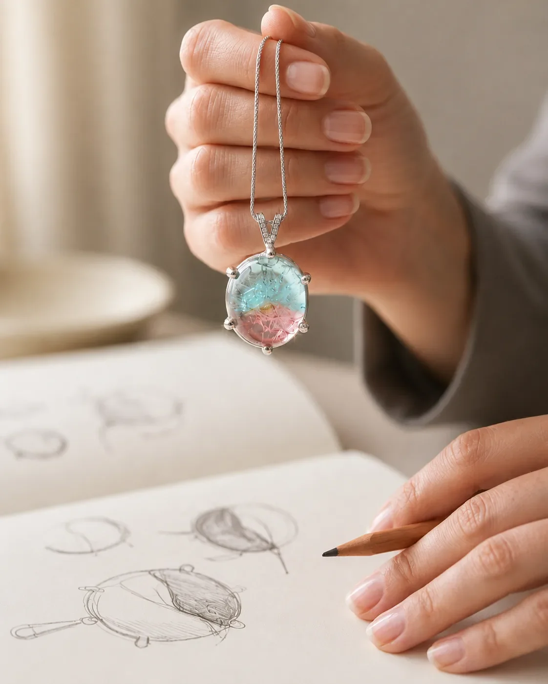 Hand holding a custom pendant necklace next to hand-drawn jewelry design sketches