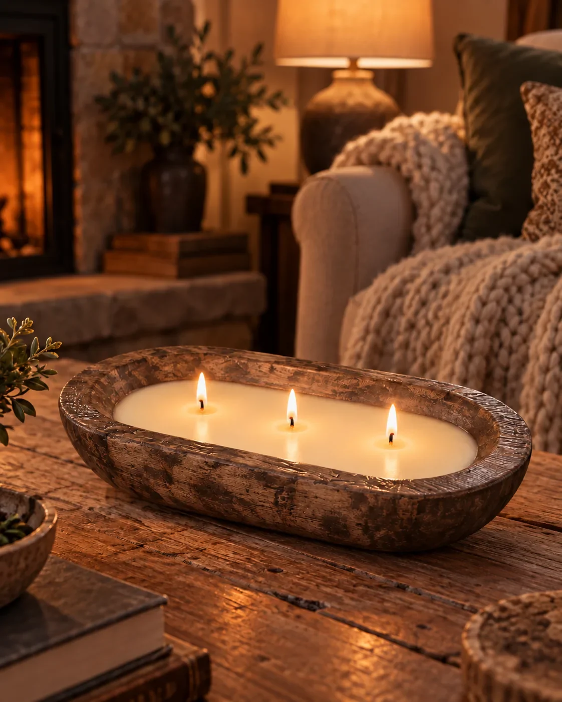 Creme Brulee dough bowl candle styled on table