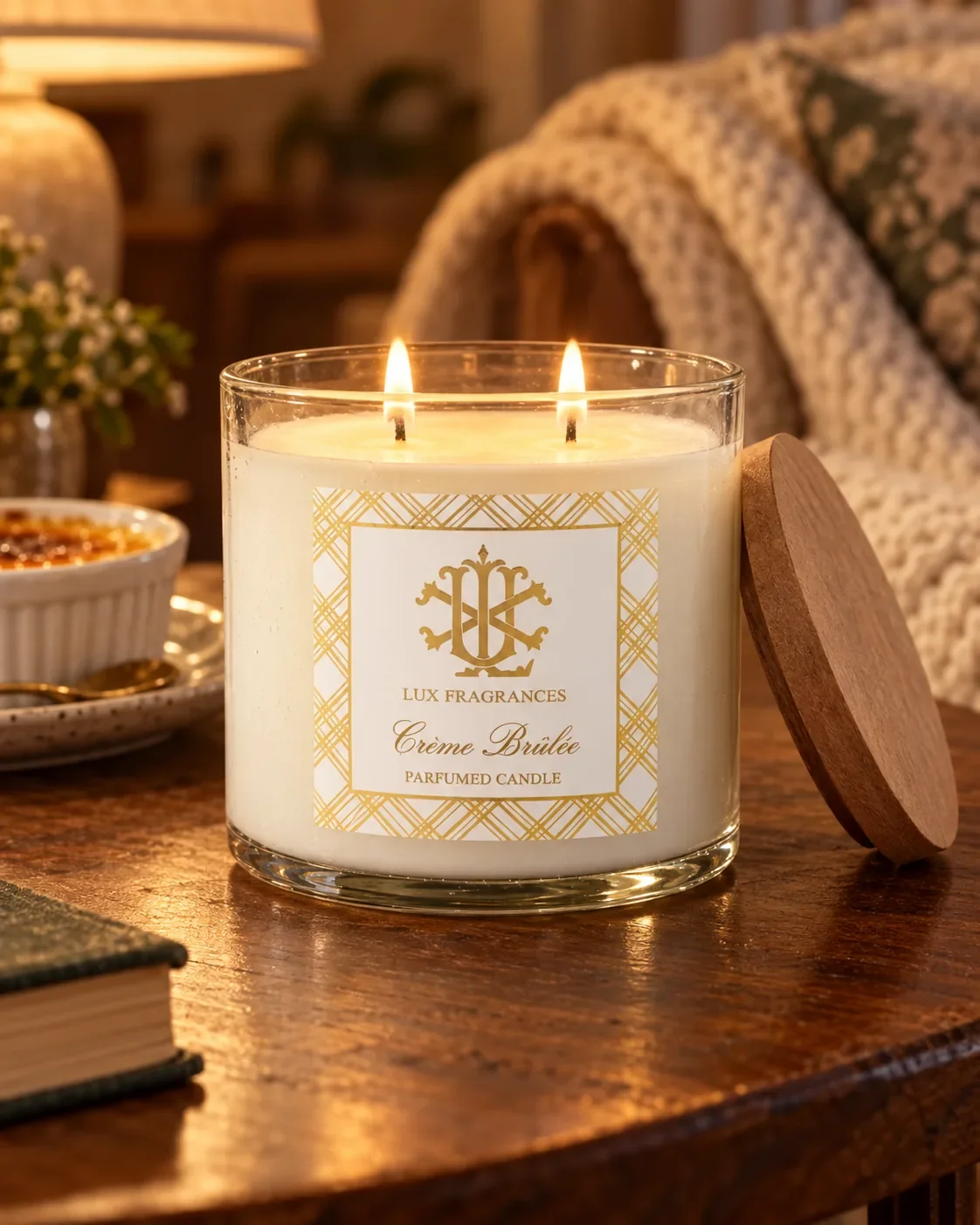 Creme Brulee candle styled on table