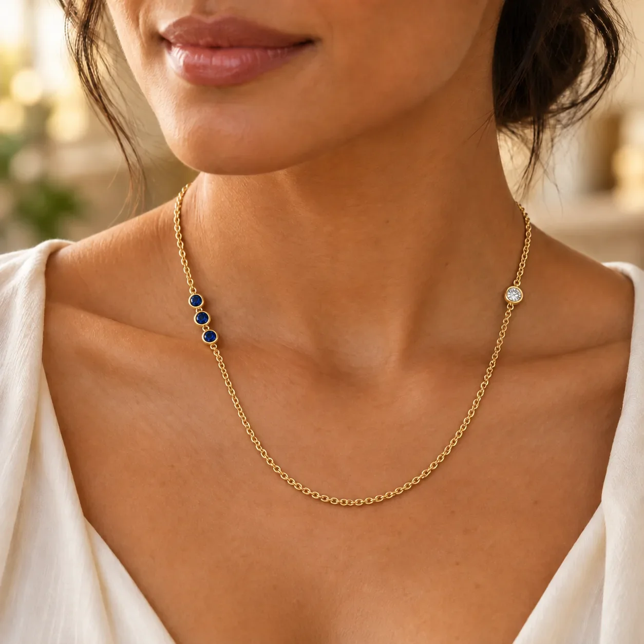 Woman wearing a delicate 14K yellow gold blue sapphire and diamond necklace