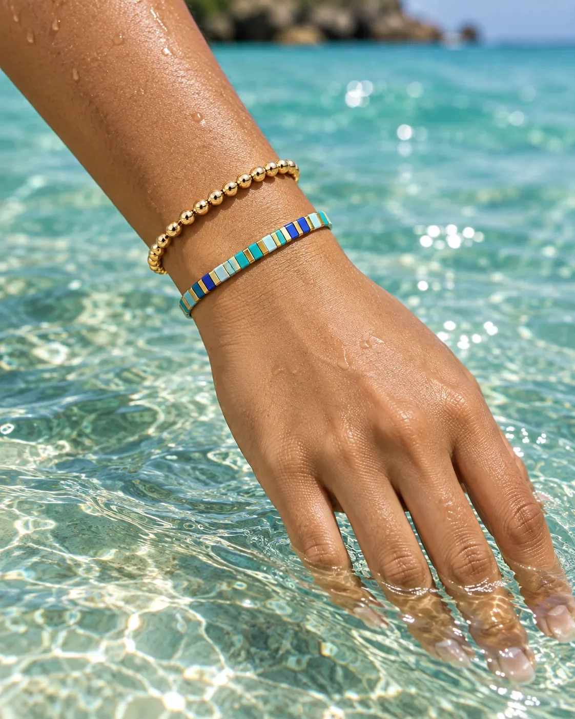 Turquoise Waters Tila bead bracelet worn on wrist