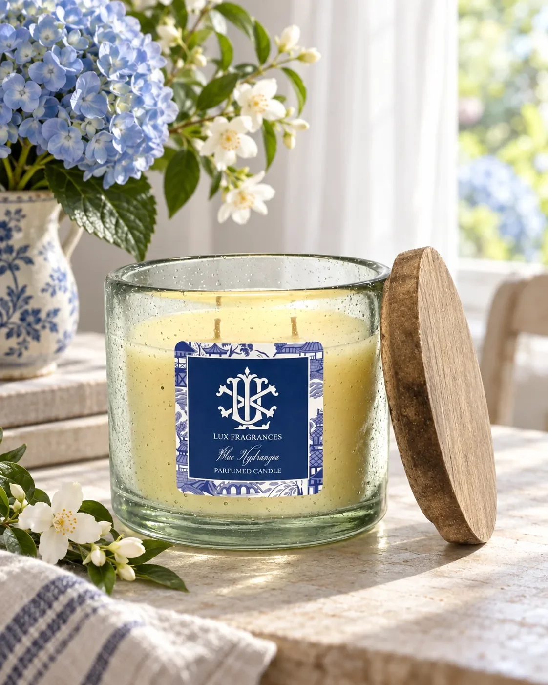 Blue Hydrangea candle styled on table
