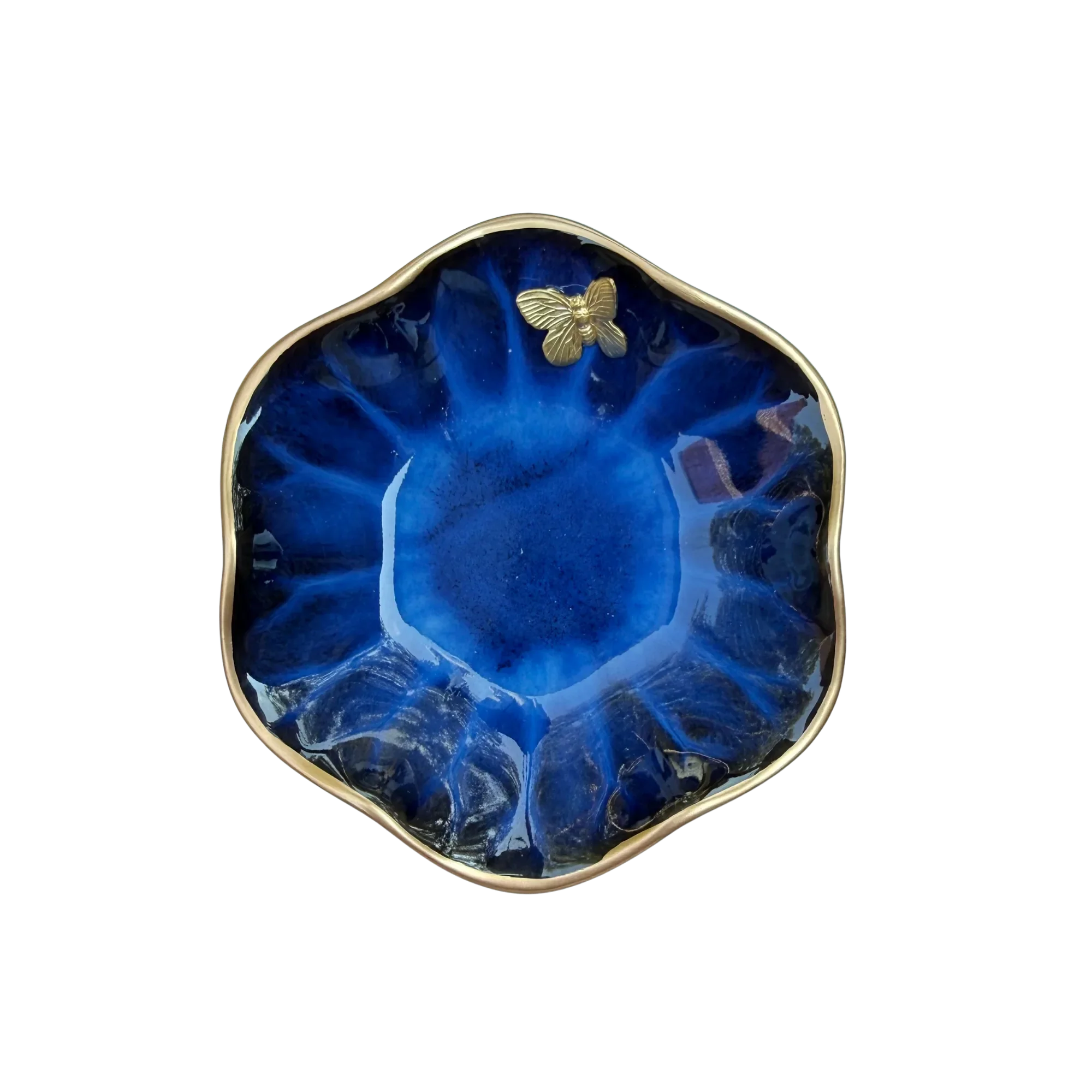Lotus Flower Jewelry Dish, Navy with Butterfly