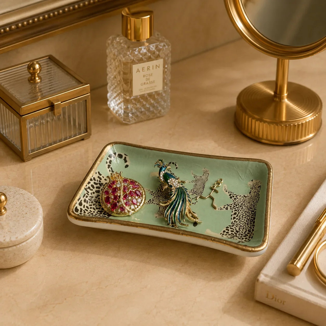 Green leopard jewelry tray styled on vanity