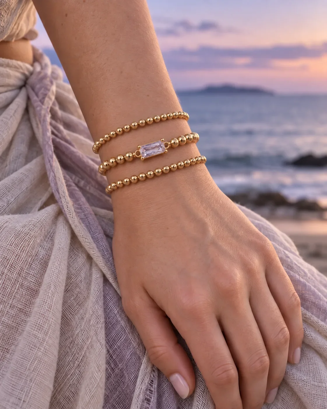 Lavender crystal bead bracelet worn on wrist
