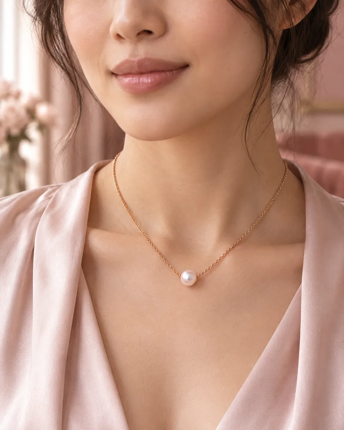 Akoya pearl necklace in 14K rose gold worn