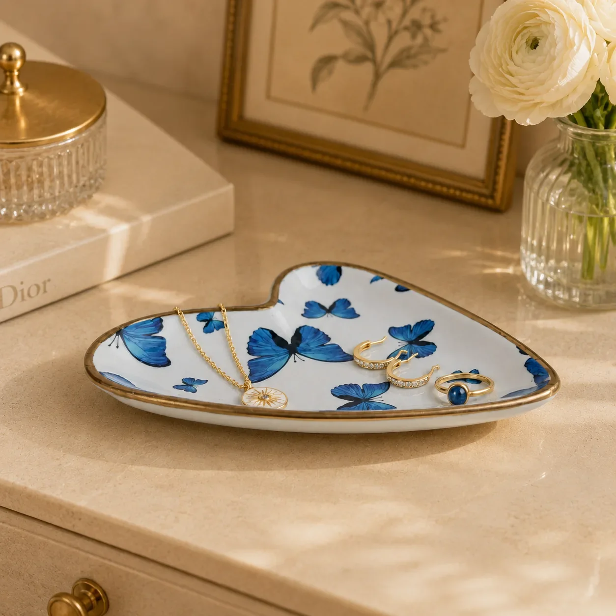Blue butterfly heart dish styled on vanity