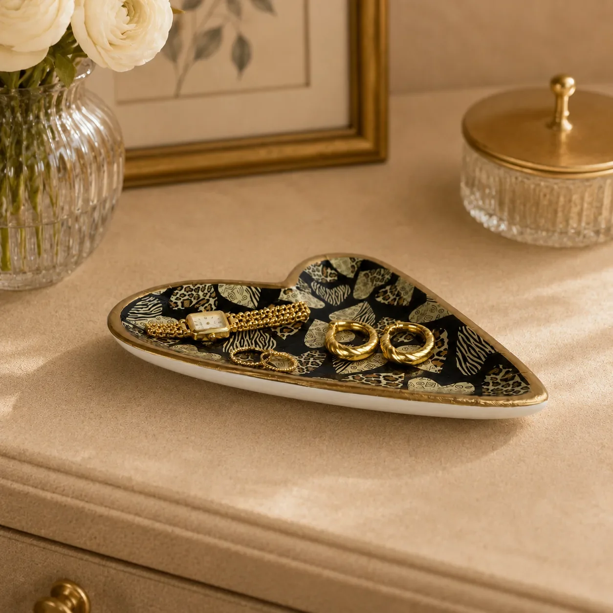 Wild leopard heart dish styled on vanity