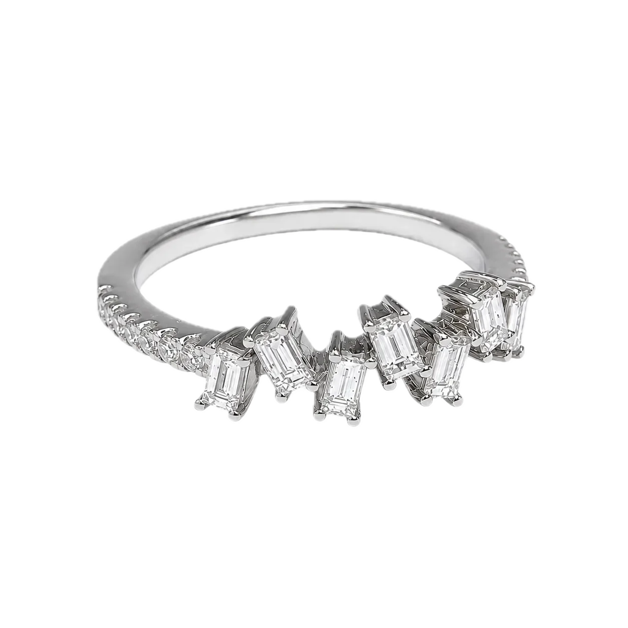 Close-up of 18K white gold baguette diamond ring, 1.00 ctw