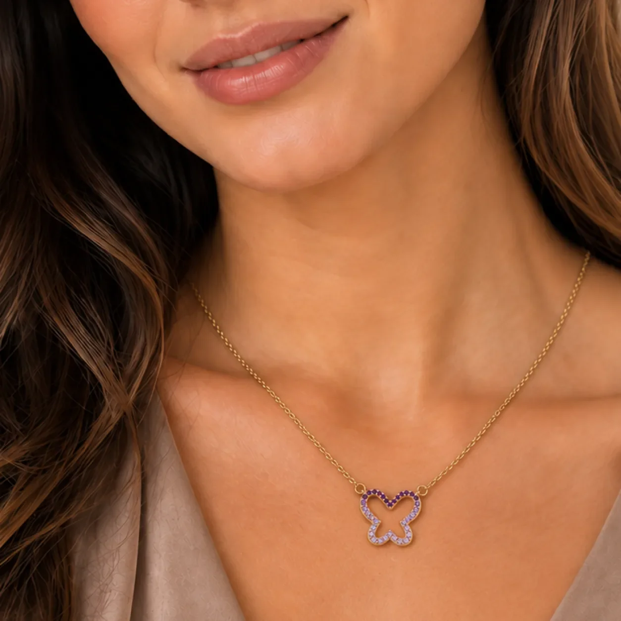 Amethyst ombre butterfly necklace worn