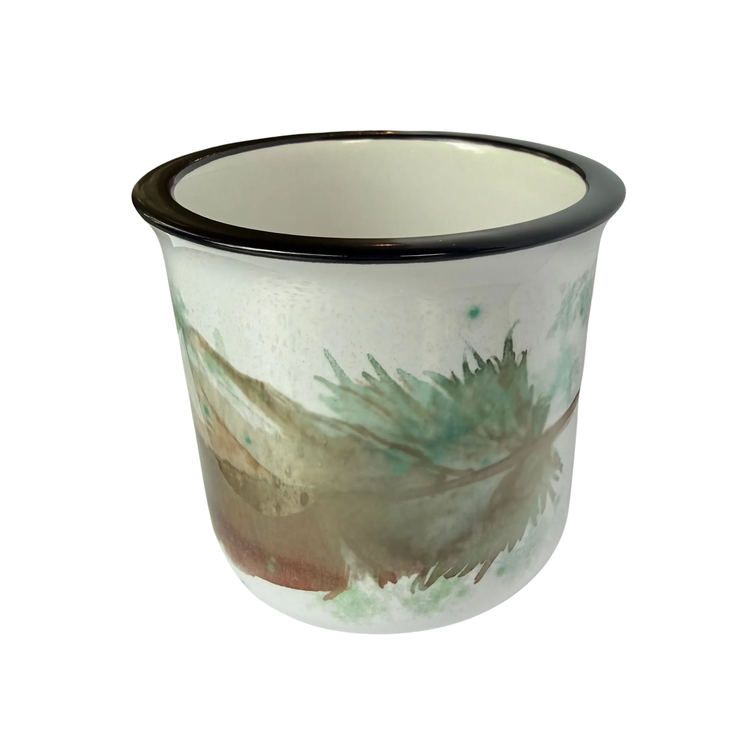 Watercolor feather enamel mug with black rim, back view