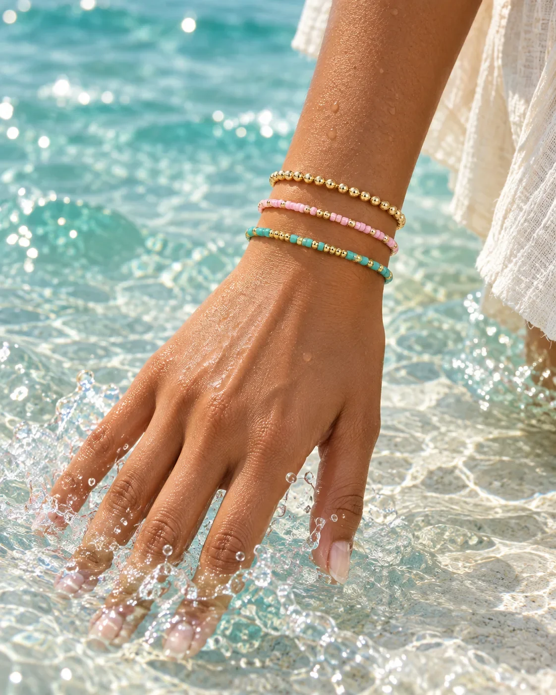 Sparkle teal bead bracelet worn on wrist